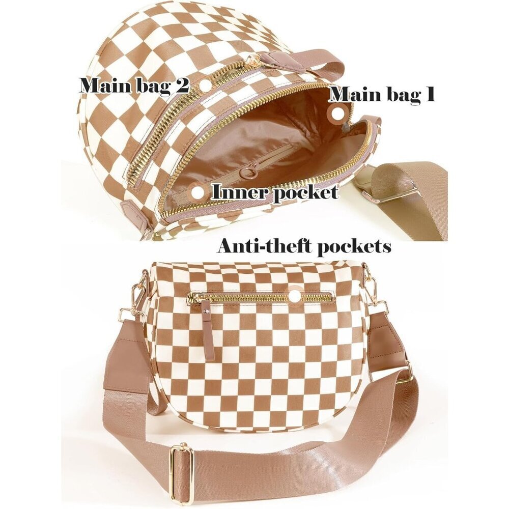 Women Light Brown Imported Polyester Checkered Crossbody Fanny Belt Bum Bag - Picture 3 of 5